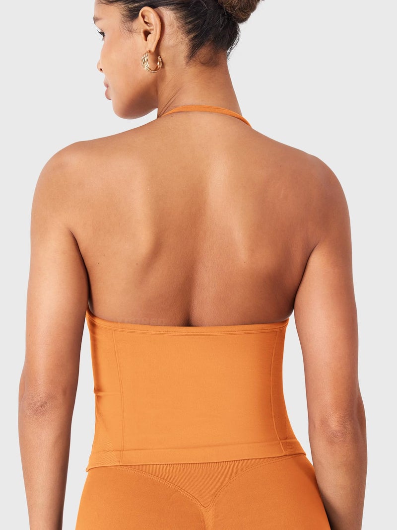 YEOREO SoftHue Impact Longline Strappy Top Women's Halter Workout Tank Tops Backless Gym Longline with Adjustable Strap Tangerine - Image 5