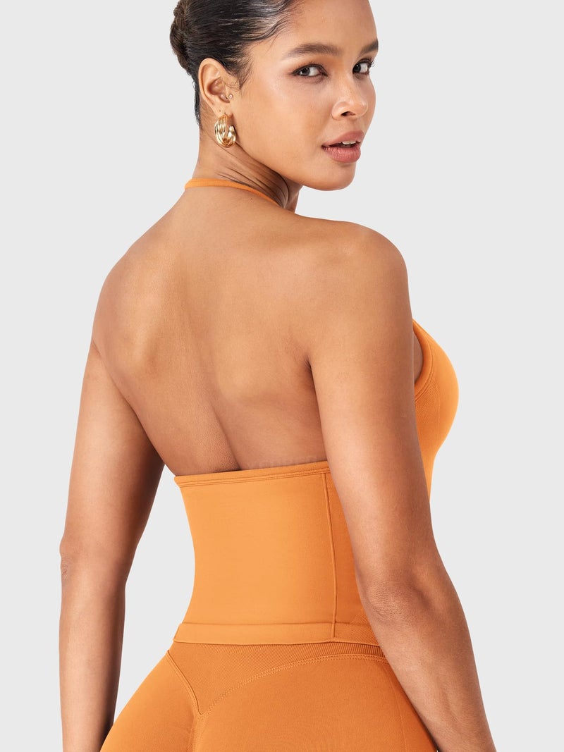 YEOREO SoftHue Impact Longline Strappy Top Women's Halter Workout Tank Tops Backless Gym Longline with Adjustable Strap Tangerine - Image 2