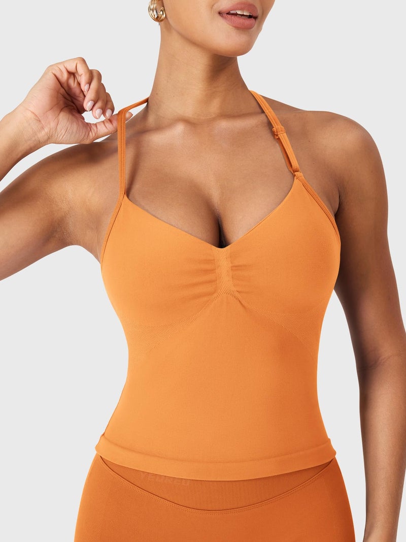YEOREO SoftHue Impact Longline Strappy Top Women's Halter Workout Tank Tops Backless Gym Longline with Adjustable Strap Tangerine - Image 3