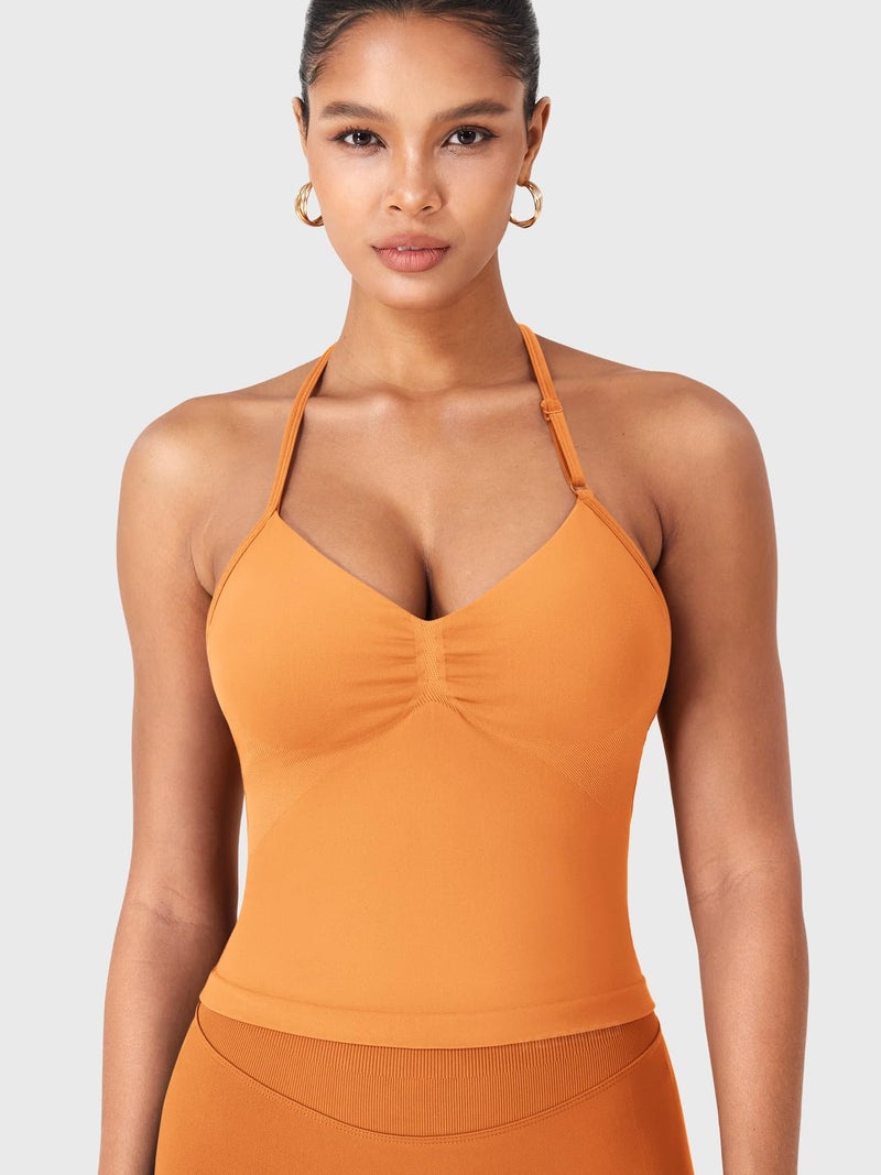 YEOREO SoftHue Impact Longline Strappy Top Women's Halter Workout Tank Tops Backless Gym Longline with Adjustable Strap Tangerine - Image 4