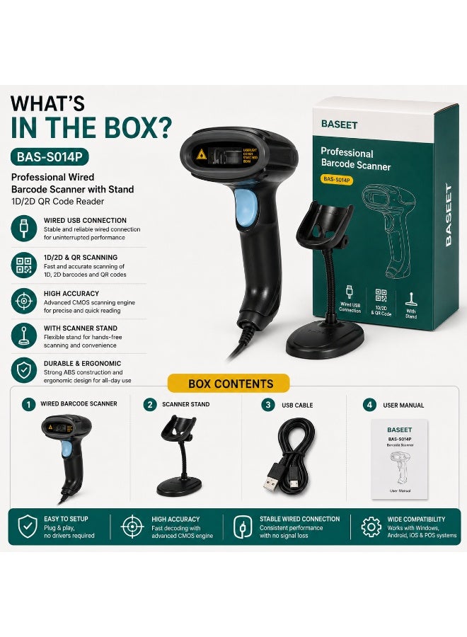 BASEET BAS-S014P Wired 2D Barcode Scanner with USB Connection & QR Code Reader for POS, Retail & Warehouse Management - Image 5