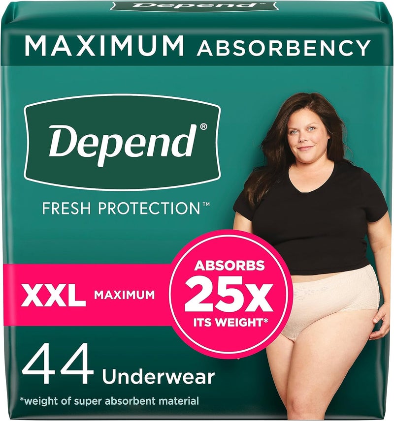 Depend Depend Fresh Protection Adult Incontinence & Postpartum Bladder Leak Underwear for Women, Disposable, Maximum, Extra-Extra-Large, Blush, 44 Count (2 Packs of 22), Packaging May Vary 