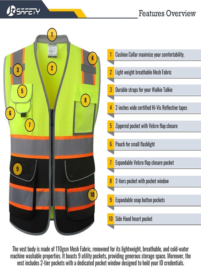 JKSafety سترة أمان عالية الوضوح من JKSafety، فئة 2، 9 جيوب، سترات أمان شبكية عاكسة عالية الوضوح للرجال والنساء، ياقة مبطنة، معدات عمل متعددة الاستخدامات، معدات حماية شخصية، متوافقة مع معايير ANSI/ISEA (101-Y أسود، مقاس XL). - Image 4