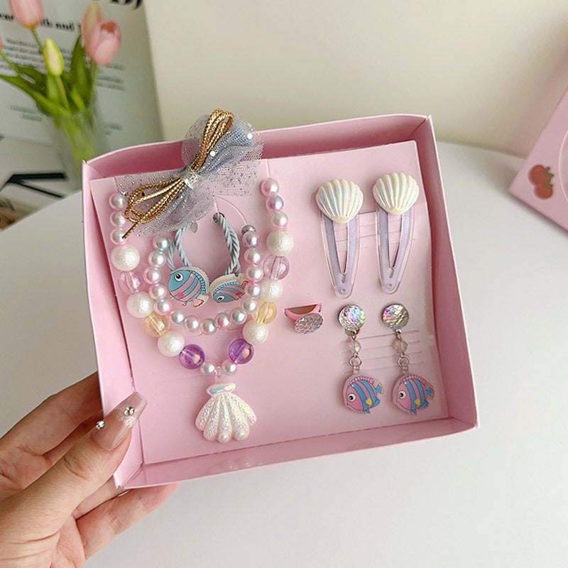 Generic Kids Jewelry Set Princess Necklace Earrings Ring Gift Box F8129-8# shell nine-piece boxed