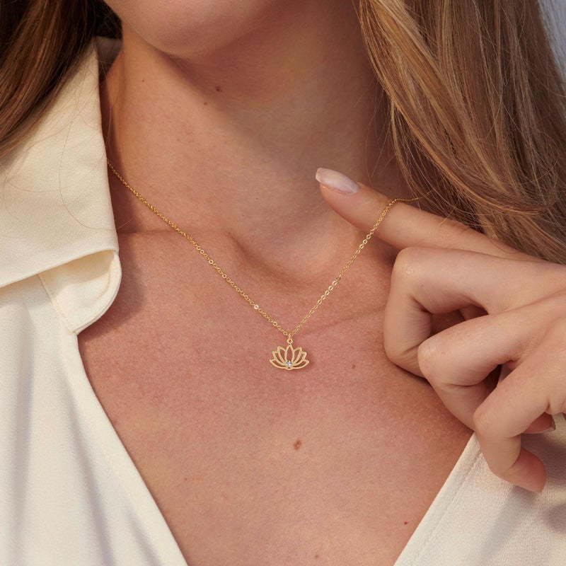 VRIUA Lotus Flower Necklace for Women 14k Plated Tiny Diamond Lotus Pendant Dainty Necklace Minimalist Simple Jewelry - Image 3