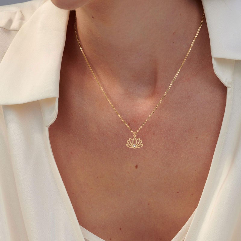 VRIUA Lotus Flower Necklace for Women 14k Plated Tiny Diamond Lotus Pendant Dainty Necklace Minimalist Simple Jewelry - Image 2