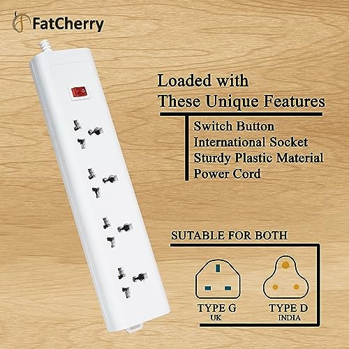 FatCherry 4+1 Extension Board White Color 240 Volts with 1 LED Indicator Master Switch,Safety Shutter & 4 International sockets, 2 Meter Log Wire, Extension Cord for Home Appliances, Cooler, Laptop - Image 3