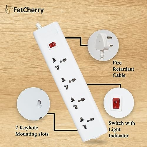 FatCherry 4+1 Extension Board White Color 240 Volts with 1 LED Indicator Master Switch,Safety Shutter & 4 International sockets, 2 Meter Log Wire, Extension Cord for Home Appliances, Cooler, Laptop - Image 2