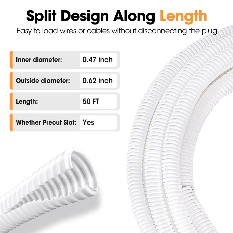 YesBes 50 FT Wire Loom 1/2 Inch, Split Wire Loom Tubing Wire Conduit with Installation Tool, Flexible Wire Protector Tubing â€“ White - Image 3