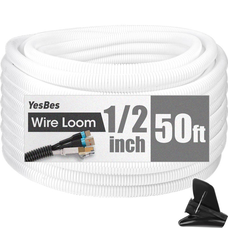 YesBes 50 FT Wire Loom 1/2 Inch, Split Wire Loom Tubing Wire Conduit with Installation Tool, Flexible Wire Protector Tubing â€“ White - Image 1