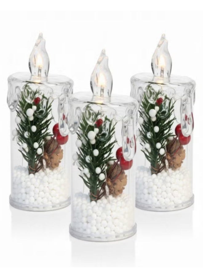 كاندل 3 قطع من مصابيح شموع عيد الميلاد مع أضواء LED وأشجار الصنوبر الخضراء والتوت الأحمر وأكواز الصنوبر - ديكور منزلي احتفالي للأعياد (11 سم) - Image 1