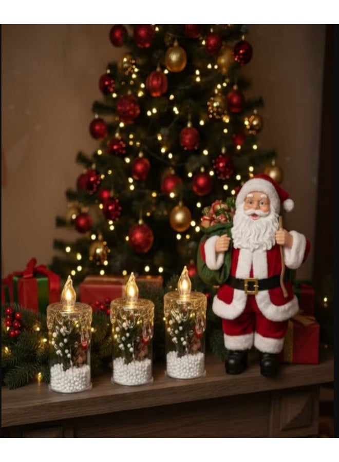 كاندل 3 قطع من مصابيح شموع عيد الميلاد مع أضواء LED وأشجار الصنوبر الخضراء والتوت الأحمر وأكواز الصنوبر - ديكور منزلي احتفالي للأعياد (11 سم) - Image 2