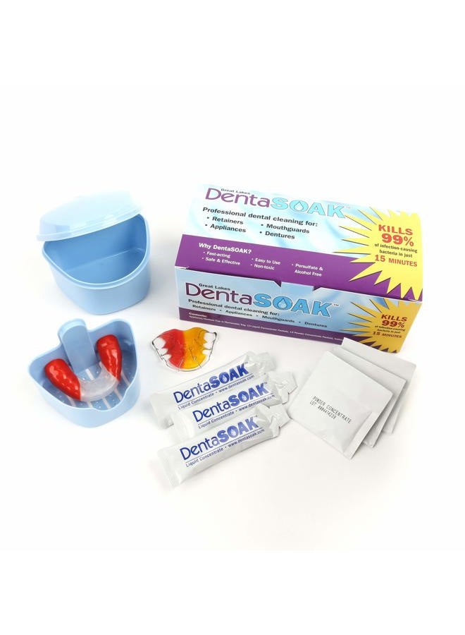DentaSOAK طقم البداية - واقي الفم، مثبت، طقم أسنان، منظف الأجهزة - 100% آمن - خالي من البيرسلفات - غير سام وخالي من الكحول - إمداد لمدة 3 أشهر - برائحة النعناع - Image 1
