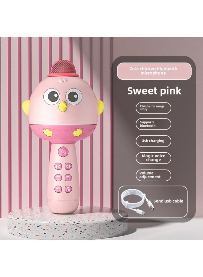 Cartoon Children's Microphone Bluetooth Early Education Singing Machine Rechargeable Multifunctional Microphone Boys And Girls Play Home Toys-Color:Cute Chicken Bluetooth Microphone [pink]  - Image 1
