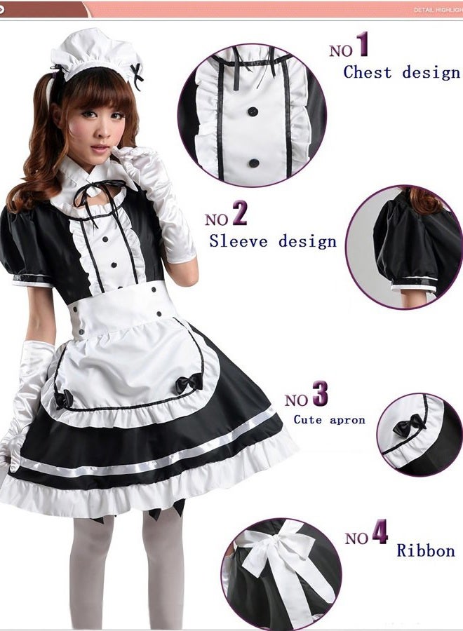 Elibelle Japanese Anime Sissy Maid Dress Cosplay Sweet Classic Fancy Apron Socks Gloves Faux Fur Cat Furry Headwear Set(M), Black With Furry Headwear, M - Image 5