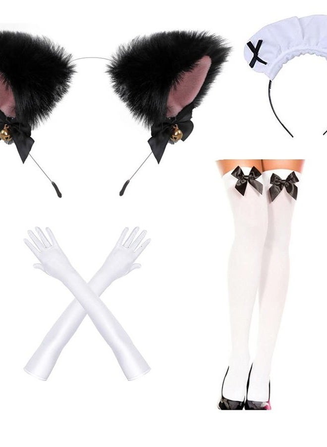 Elibelle Japanese Anime Sissy Maid Dress Cosplay Sweet Classic Fancy Apron Socks Gloves Faux Fur Cat Furry Headwear Set(M), Black With Furry Headwear, M - Image 4