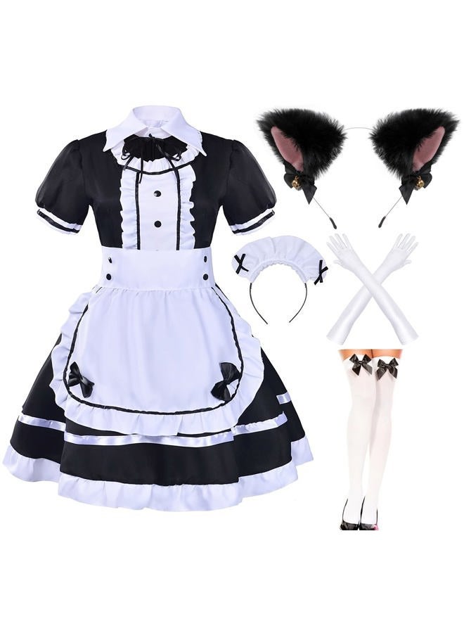Elibelle Japanese Anime Sissy Maid Dress Cosplay Sweet Classic Fancy Apron Socks Gloves Faux Fur Cat Furry Headwear Set(M), Black With Furry Headwear, M - Image 1