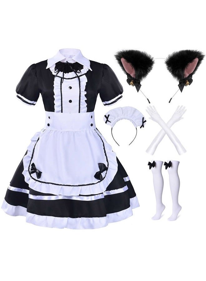 Elibelle Japanese Anime Sissy Maid Dress Cosplay Sweet Classic Fancy Apron Socks Gloves Faux Fur Cat Furry Headwear Set(M), Black With Furry Headwear, M - Image 2