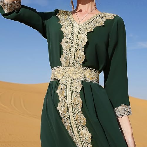 AFAVOM Moroccan Kaftan Dresses for Women Abaya Golden Lace Dress Handmade Embroidered Islamic Ramadan Eid Dress Traditional Arabic Dubai Muslim Prayer Robe Wedding Party Gown Green XL - Image 5