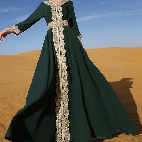 AFAVOM Moroccan Kaftan Dresses for Women Abaya Golden Lace Dress Handmade Embroidered Islamic Ramadan Eid Dress Traditional Arabic Dubai Muslim Prayer Robe Wedding Party Gown Green XL - Image 3