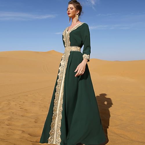 AFAVOM Moroccan Kaftan Dresses for Women Abaya Golden Lace Dress Handmade Embroidered Islamic Ramadan Eid Dress Traditional Arabic Dubai Muslim Prayer Robe Wedding Party Gown Green XL - Image 4