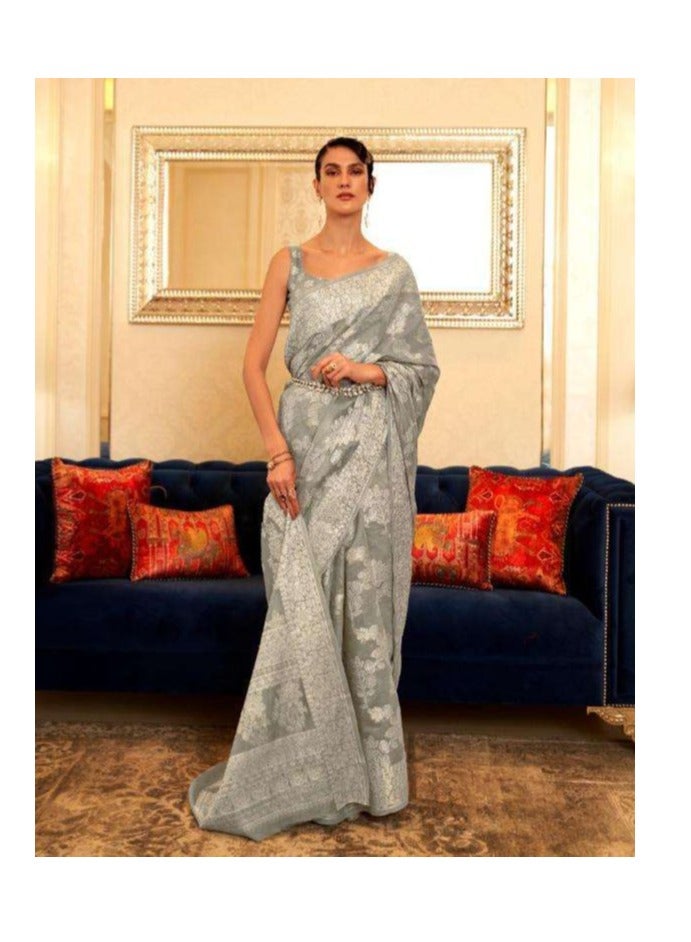 Grab Mantra Silver Cotton Silk Saree With Zari And Lakhnavi Work Plus Unstitched Blouse  - Image 2