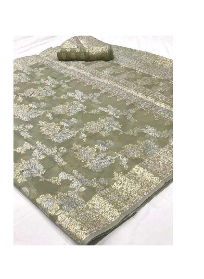 Grab Mantra Silver Cotton Silk Saree With Zari And Lakhnavi Work Plus Unstitched Blouse  - Image 1