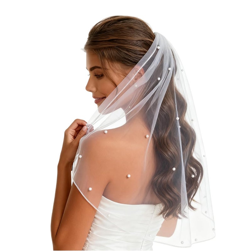 Nanchor Bridal Veil Women's Simple Tulle Wedding Veil With Comb for Wedding Bachelorette Party (White with Pearl) - Image 1