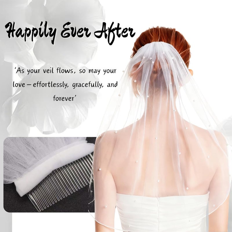 Nanchor Bridal Veil Women's Simple Tulle Wedding Veil With Comb for Wedding Bachelorette Party (White with Pearl) - Image 4