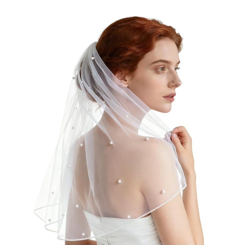 Nanchor Bridal Veil Women's Simple Tulle Wedding Veil With Comb for Wedding Bachelorette Party (White with Pearl) - Image 2