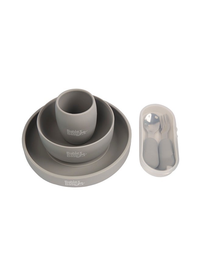 Babies Basic 5 Pc Set With Silicone Plate, Bowl, Cup And Stainless Steel Cutlery With Case - Grey  - Image 1