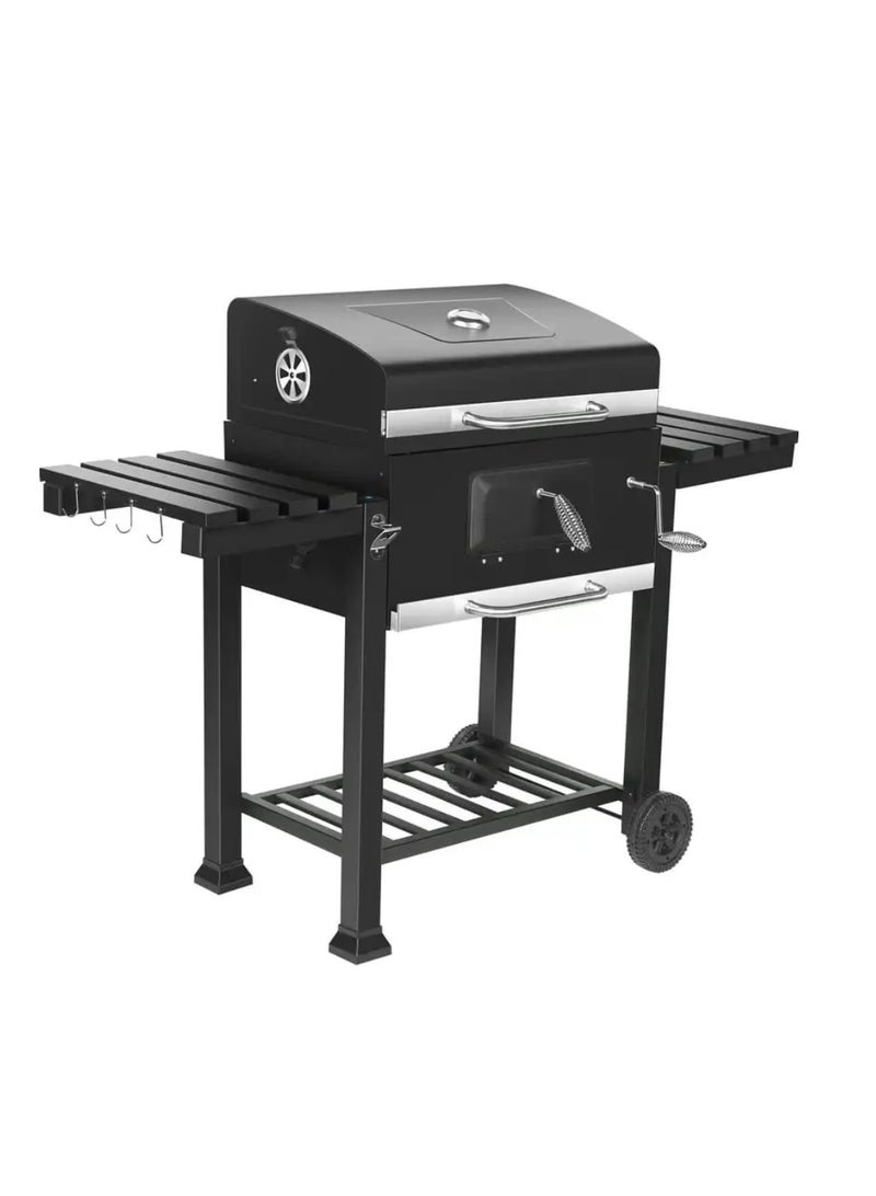 Yuwell Charcoal BBQ Grill Adjustable Portable Outdoor Barbecue Smoker With 2 Side Table Racks Temperature Gauge And Additional Storage Shelf Camping Grill With Wheel And Stand Black - Image 1