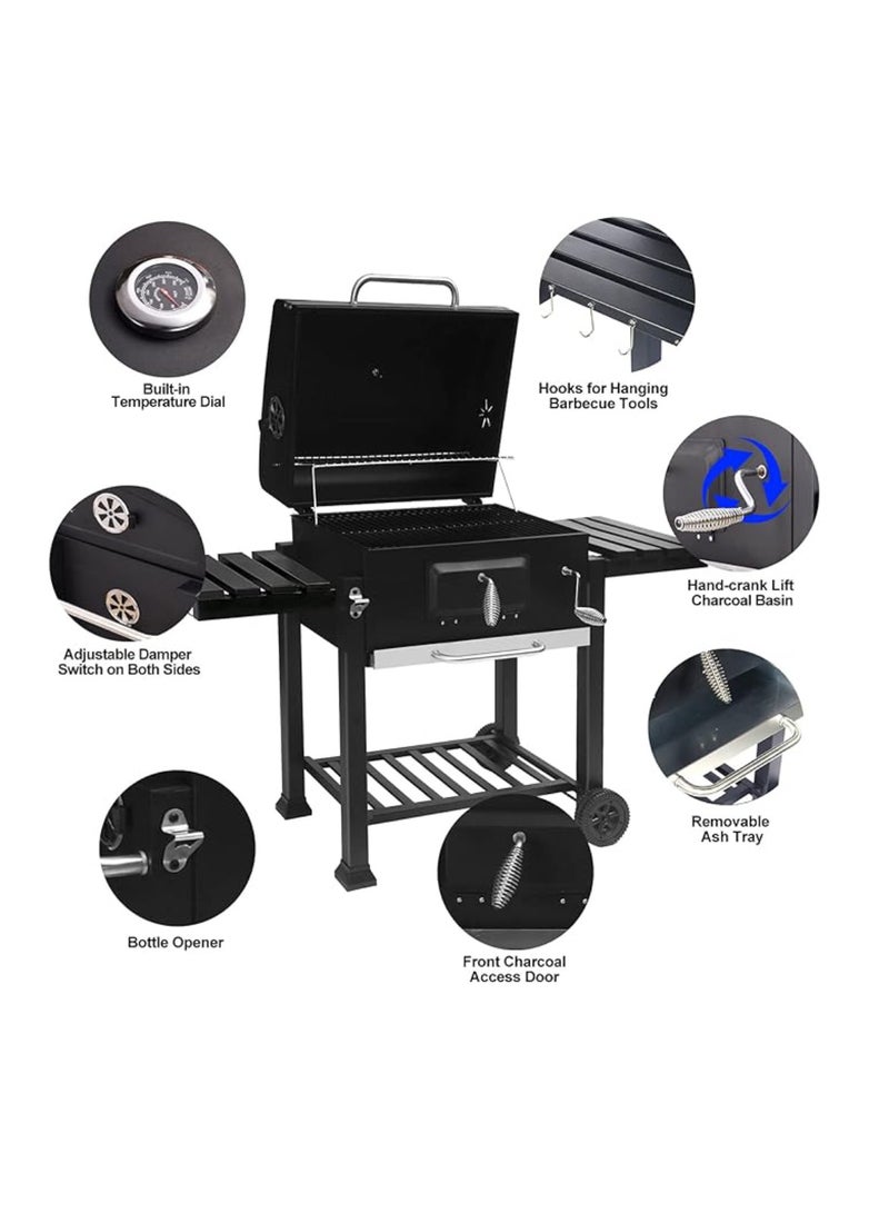 Yuwell Charcoal BBQ Grill Adjustable Portable Outdoor Barbecue Smoker With 2 Side Table Racks Temperature Gauge And Additional Storage Shelf Camping Grill With Wheel And Stand Black - Image 3