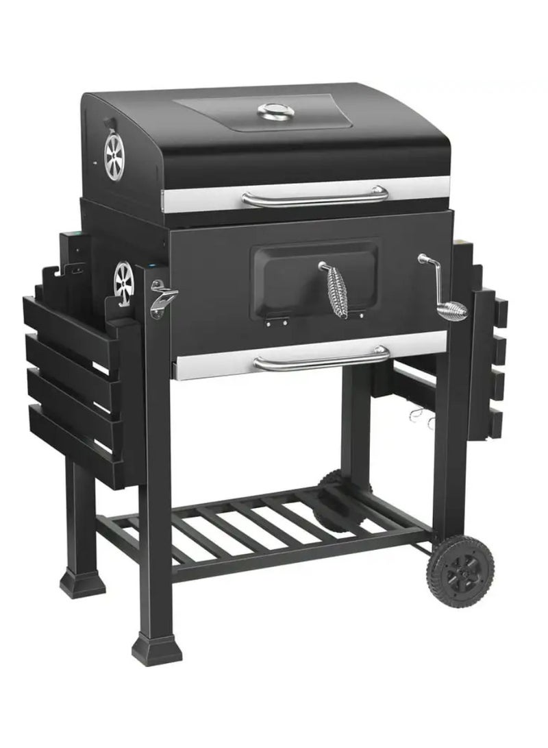 Yuwell Charcoal BBQ Grill Adjustable Portable Outdoor Barbecue Smoker With 2 Side Table Racks Temperature Gauge And Additional Storage Shelf Camping Grill With Wheel And Stand Black - Image 4