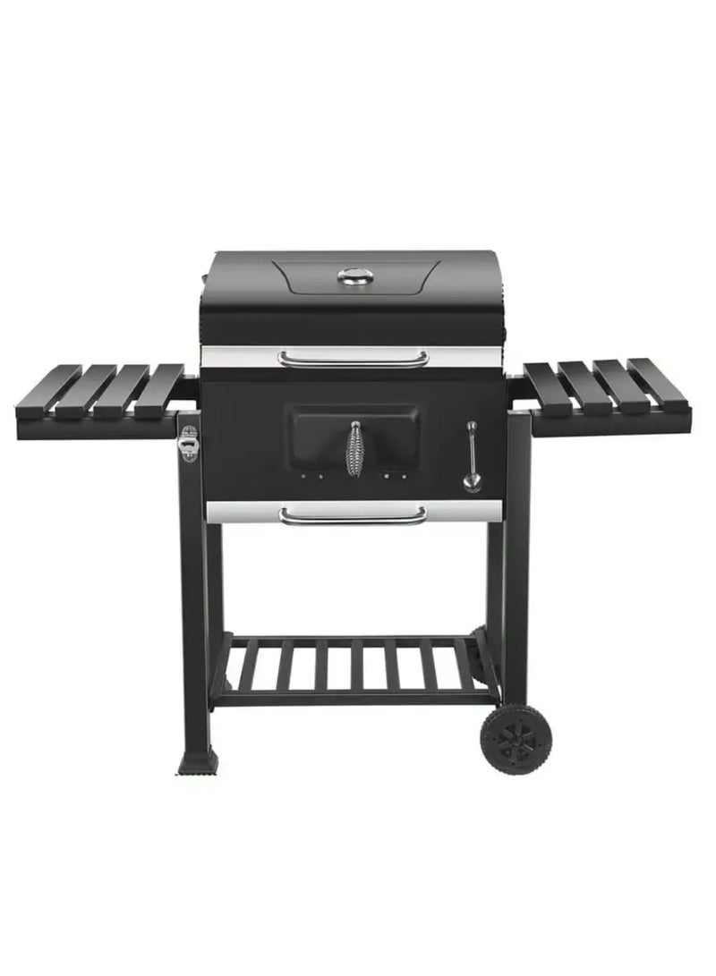 Yuwell Charcoal BBQ Grill Adjustable Portable Outdoor Barbecue Smoker With 2 Side Table Racks Temperature Gauge And Additional Storage Shelf Camping Grill With Wheel And Stand Black - Image 5