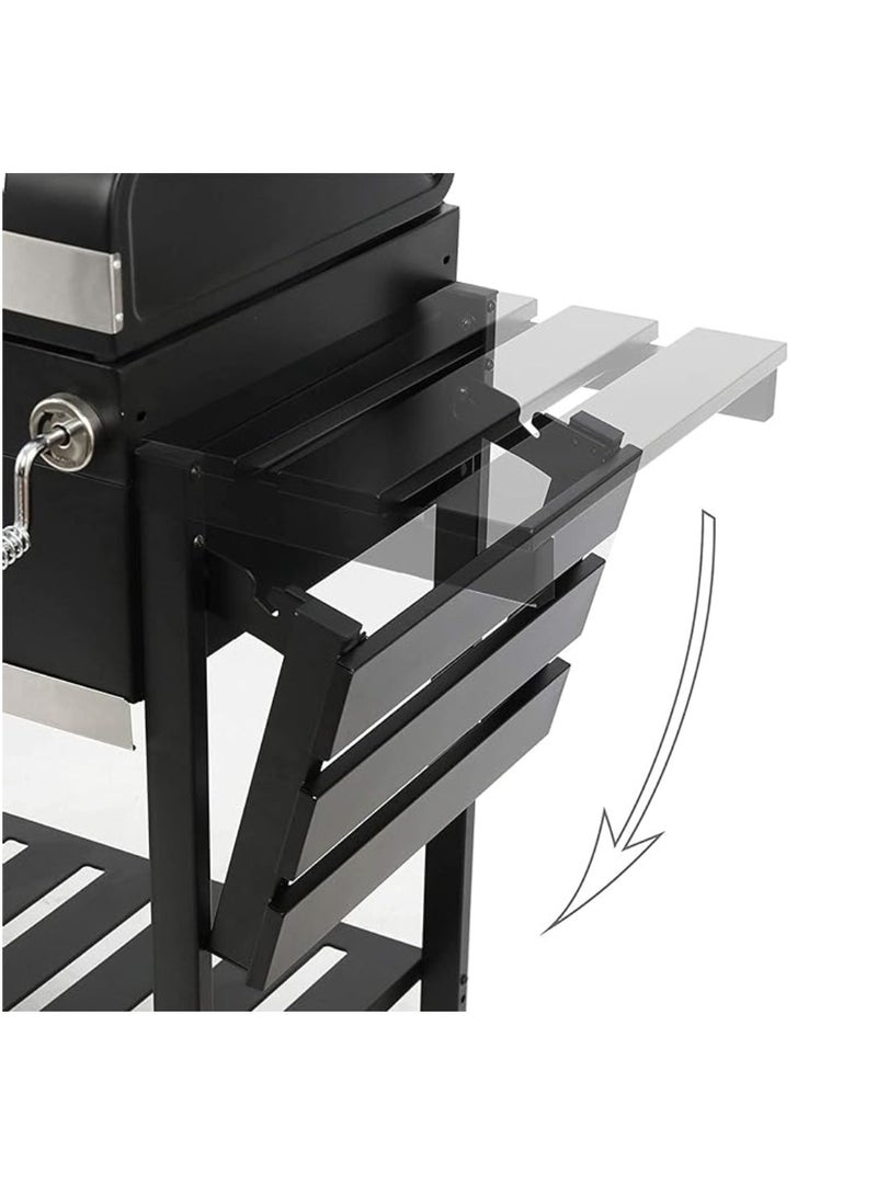 Yuwell Charcoal BBQ Grill Adjustable Portable Outdoor Barbecue Smoker With 2 Side Table Racks Temperature Gauge And Additional Storage Shelf Camping Grill With Wheel And Stand Black - Image 2