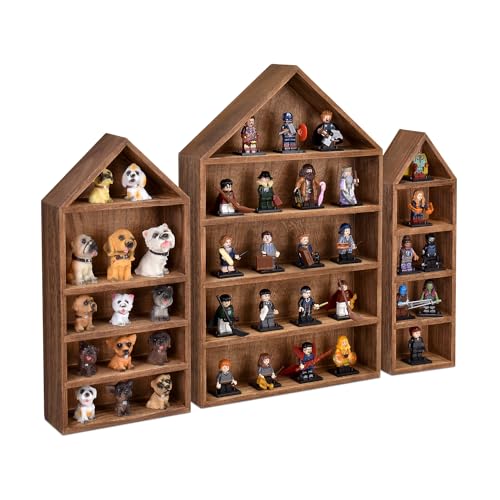 Ikee Design 3 Pcs Set House-Shaped Shelf Wooden Shadow Cubby Box Display Shelf Organizer Storage Display Shadow Box for Mini Figures,15 Compartments, Brown Color - Image 1