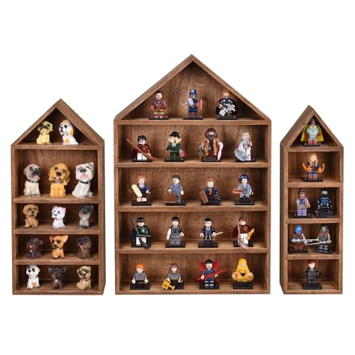 Ikee Design 3 Pcs Set House-Shaped Shelf Wooden Shadow Cubby Box Display Shelf Organizer Storage Display Shadow Box for Mini Figures,15 Compartments, Brown Color - Image 3