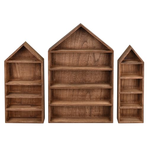 Ikee Design 3 Pcs Set House-Shaped Shelf Wooden Shadow Cubby Box Display Shelf Organizer Storage Display Shadow Box for Mini Figures,15 Compartments, Brown Color - Image 4