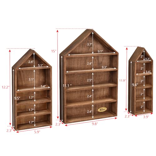 Ikee Design 3 Pcs Set House-Shaped Shelf Wooden Shadow Cubby Box Display Shelf Organizer Storage Display Shadow Box for Mini Figures,15 Compartments, Brown Color - Image 2