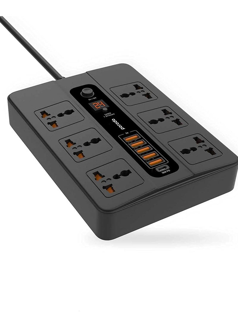 Universal Power Socket, 6 AC Output 5 USB Port & USB-C PD 18W Multiport Socket, Power HUB Built-in Timer, Fire-Proof Material Power Strip, 200cm Extension Cord, Charging Station (Black) - Image 1