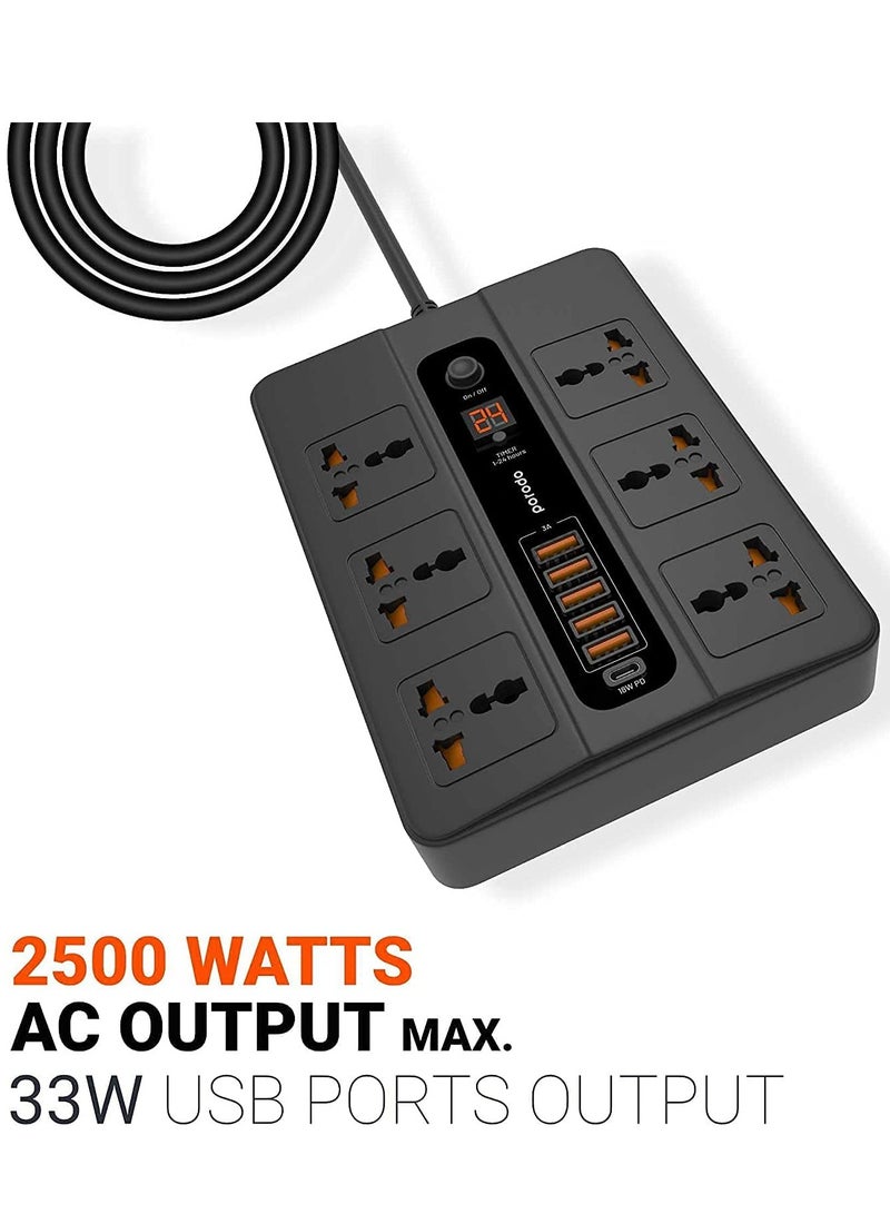 Universal Power Socket, 6 AC Output 5 USB Port & USB-C PD 18W Multiport Socket, Power HUB Built-in Timer, Fire-Proof Material Power Strip, 200cm Extension Cord, Charging Station (Black) - Image 3