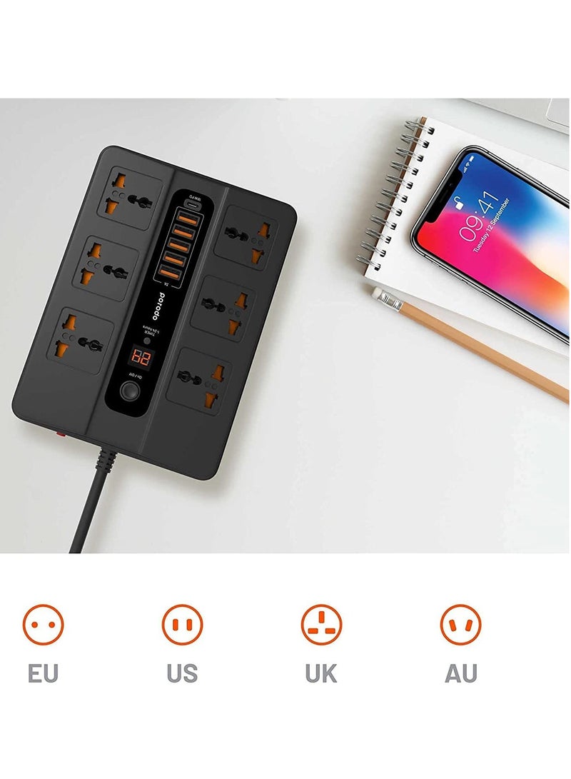 Universal Power Socket, 6 AC Output 5 USB Port & USB-C PD 18W Multiport Socket, Power HUB Built-in Timer, Fire-Proof Material Power Strip, 200cm Extension Cord, Charging Station (Black) - Image 2