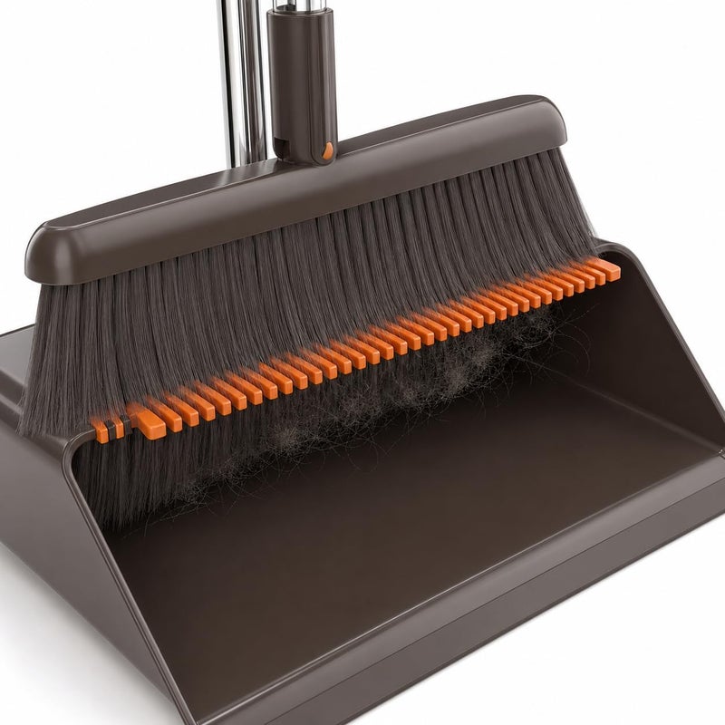 UREVO Coffee Brown Broom and Dustpan Set with Long Handle - Image 3