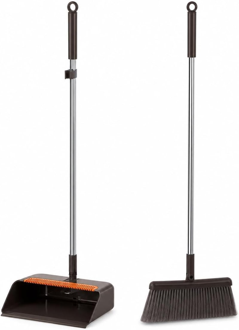UREVO Coffee Brown Broom and Dustpan Set with Long Handle - Image 1