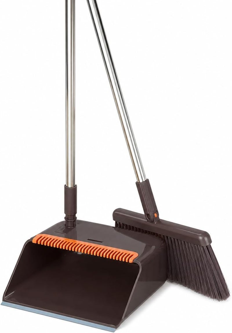 UREVO Coffee Brown Broom and Dustpan Set with Long Handle - Image 2