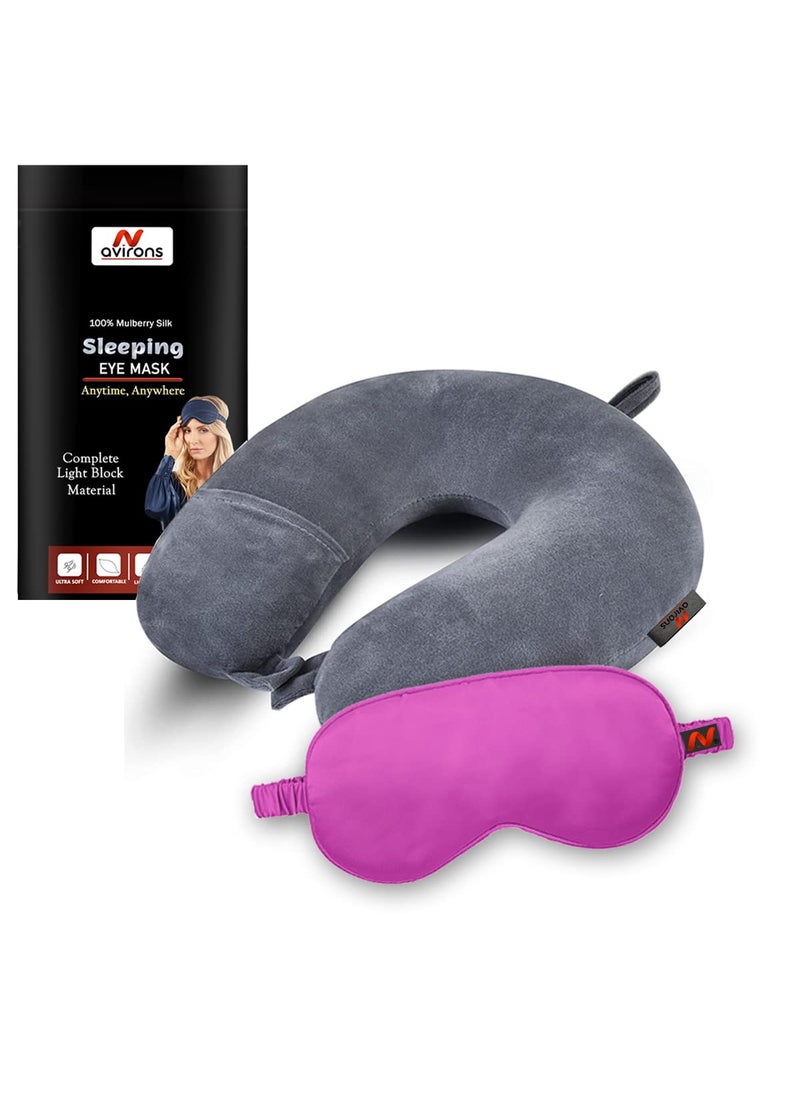 Avirons Avirons Travel Neck Pillow with Sleep Eye Mask Combo for Men Women and Kids for Flight Car Train and Bus Premium Fabric Light Weight Comfortable Super Soft Adjustable Pack of 2  - Image 1