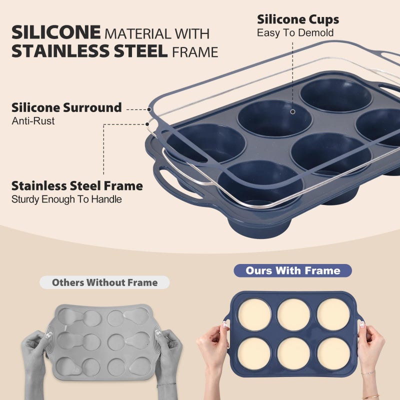 Vnray Jumbo Silicone Muffin Pan with Metal Frame, Non Stick Silicone Cupcake Pan with Handles 6 Cup, BPA Free Silicon Muffin Tin Tray Extra Large for baking, egg bites, Cupcake Mold Grey - Image 3