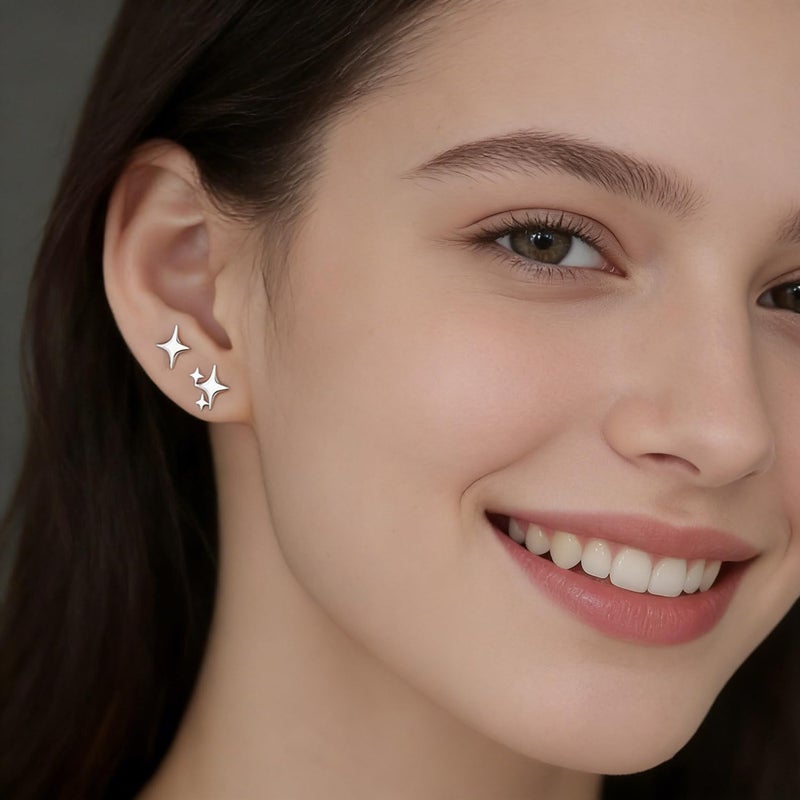 PANSHI  Sterling Silver Post Earrings Star Stud Earrings for Women Teen Trendy Hypoallergenic Small Post Pierced Studs Earrings Jewelry Gifts (2 Pairs Stars) - Image 2