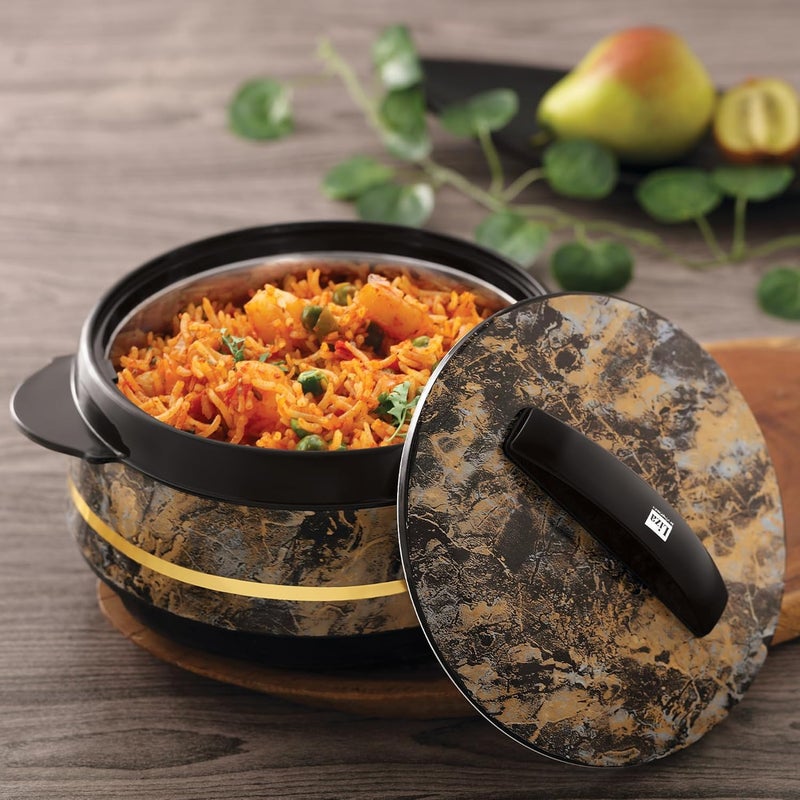 Liza طقم هدايا LIZA Palazio 3 قطع طقم كسرولة بتشطيب رخام دائري مع داخل من الفولاذ المقاوم للصدأ | معزول PU | خالي من BPA | مقاوم للروائح | درجة غذائية | مثالي للطعام الساخن والبارد (1200 مل + 1600 مل + 2000 مل) (أسود) - Image 4